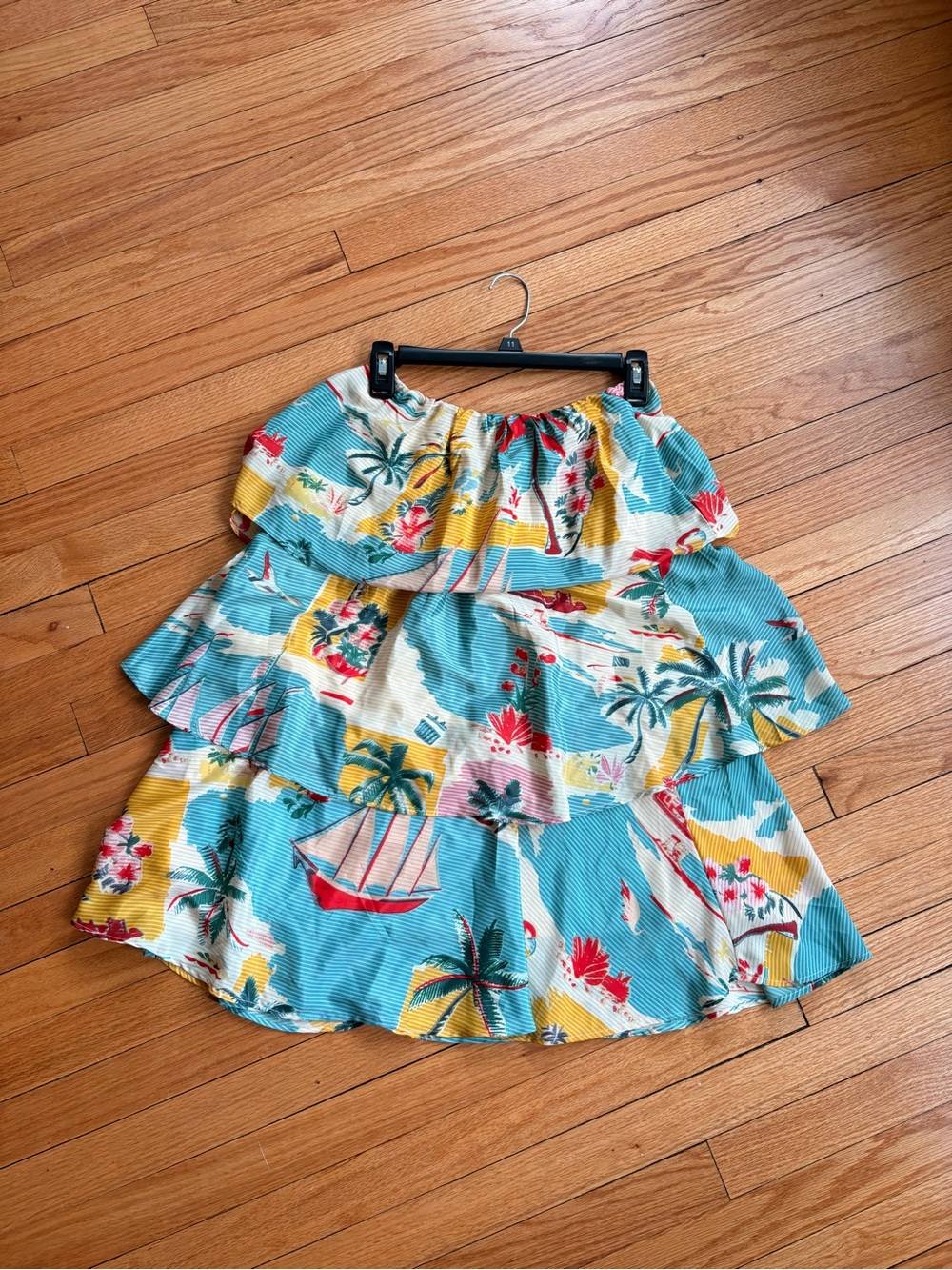 Tiered Tropical Print Midi Skirt in Teal and Yellow Size Large - Picture 4 of 5